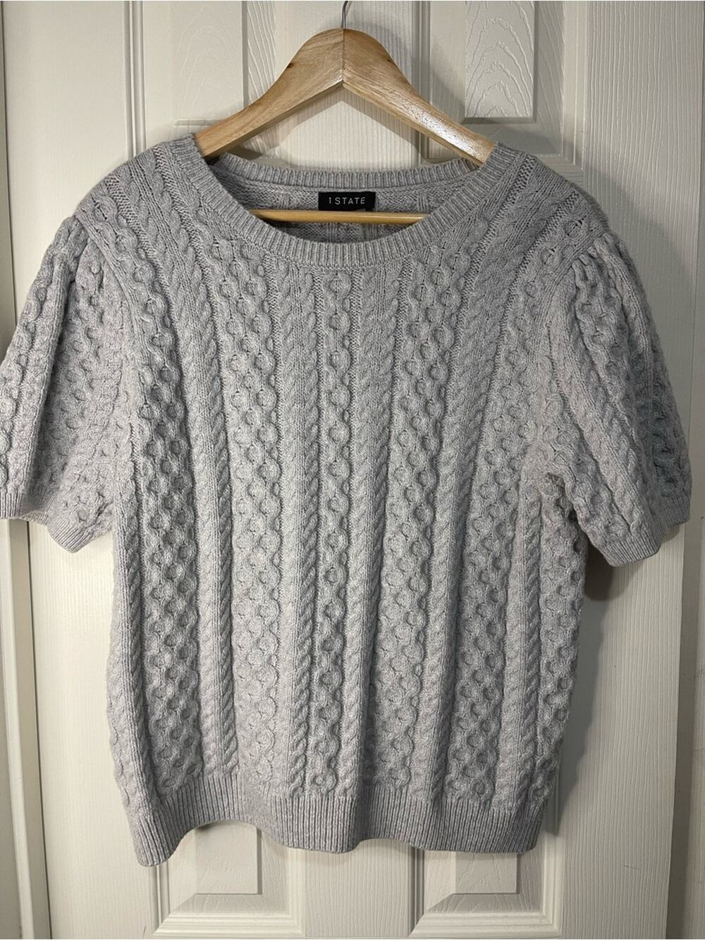 1. State Gray Preppy Academia Cable Knit Short Sleeve Sweater size Large
